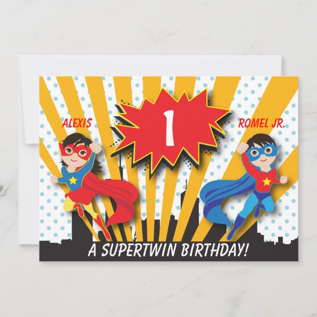 Convites Aniversário do Super Herói da Garota Gêmea (Frente)
