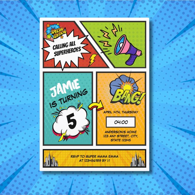 Convites Aniversário do Super Herói Único da HQ Book (Comic book superhero invitation birthday)