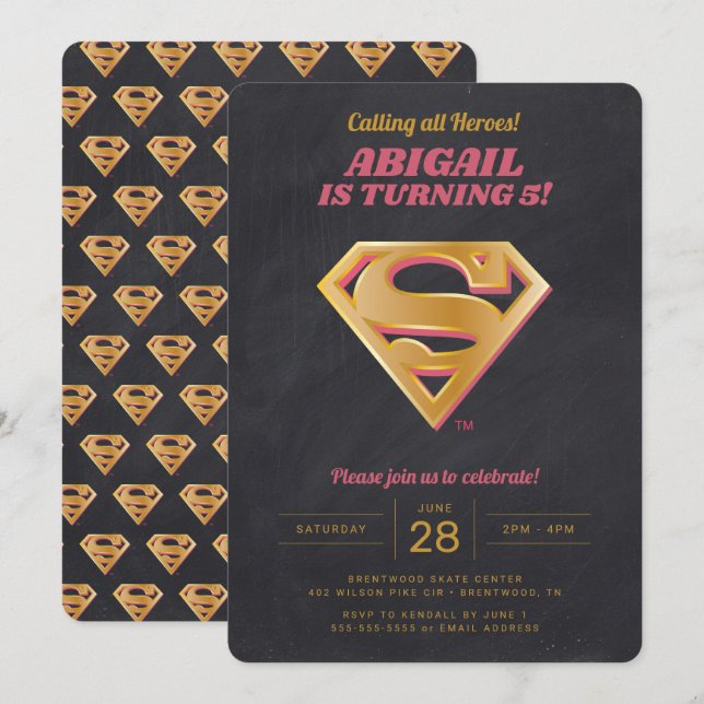 Convites Aniversário do Supergirl Logo Rosa e Dourado Quadr (Frente/Verso)