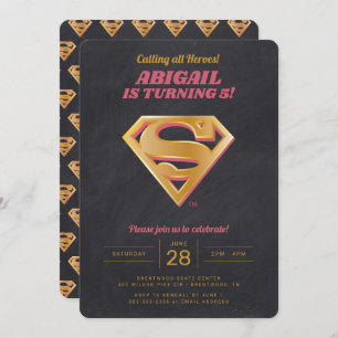 Convites Aniversário do Supergirl Logo Rosa e Dourado Quadr