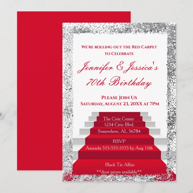 Convites Aniversário do tapete vermelho branco e prateado (Frente/Verso)
