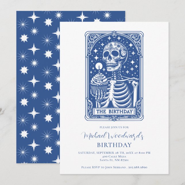 Convites Aniversário do Tarot Esqueleto Azul (Frente/Verso)