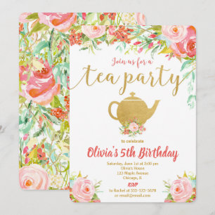 Convites Aniversário do Tea Party - Garota de ouro floral