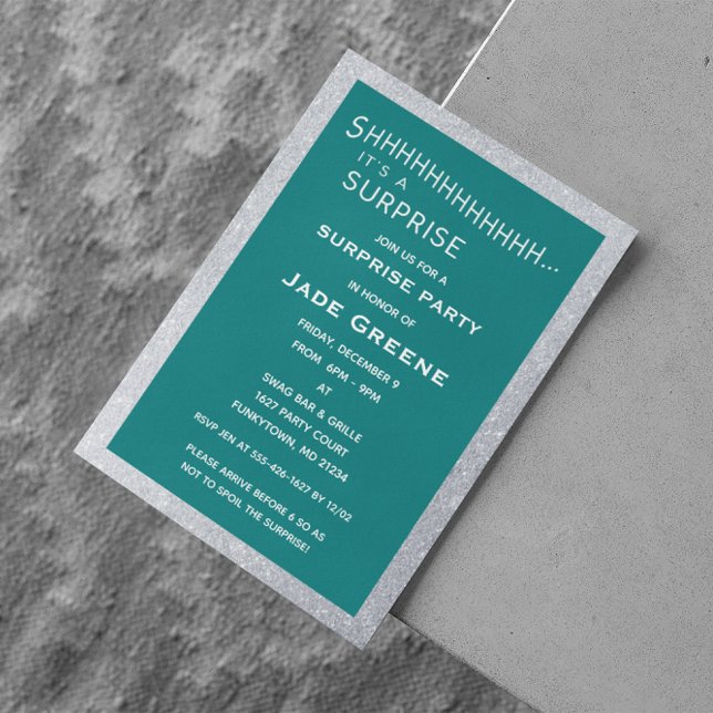 Convites Aniversário do Teal and Silver Glitter Surprise Pa (Criador carregado)