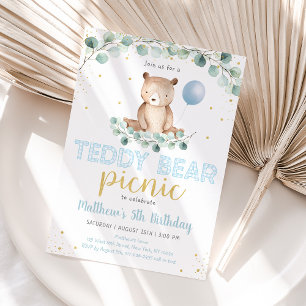Convites Aniversário do Teddy Bear Picnic Greenery Boy