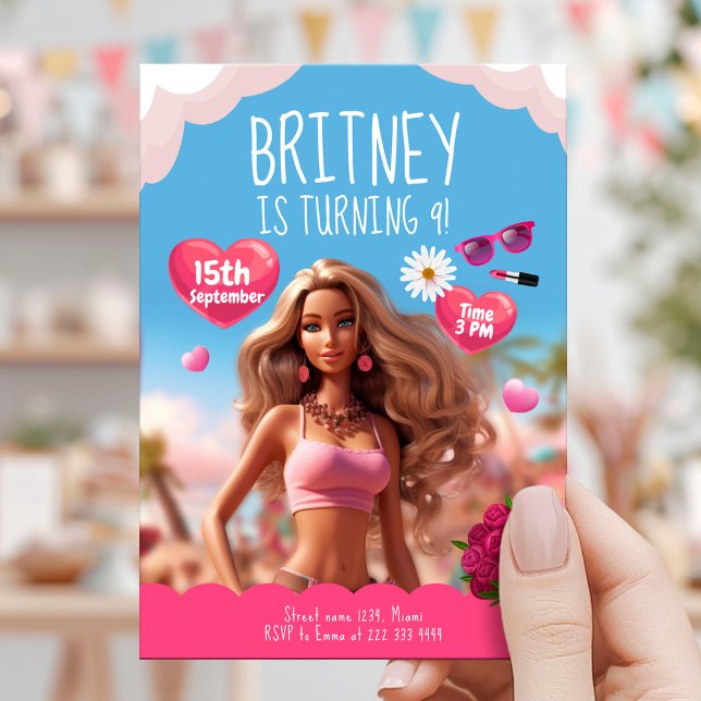 Convites Aniversário do Tema da Boneca Rosa Editável (Criador carregado)