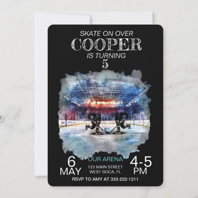 Convites Aniversário do Tema de Hóquei da Watercolor Arena (Frente)