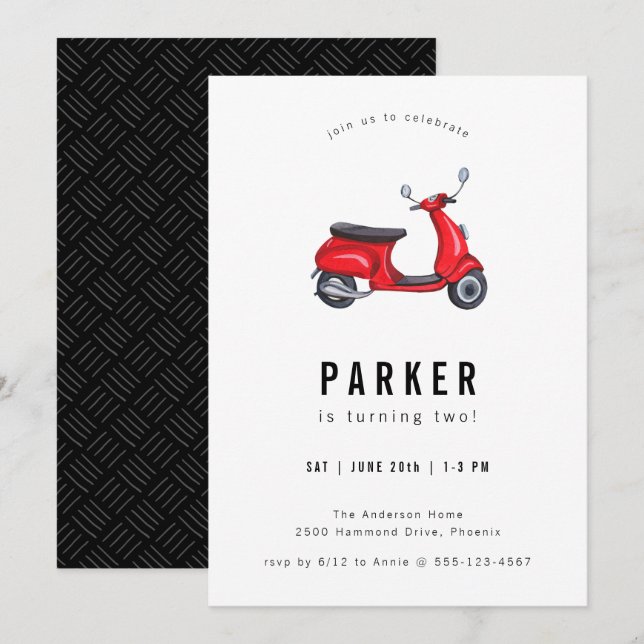 Convites Aniversário do Tema do Patinete Retro Vermelho (Frente/Verso)