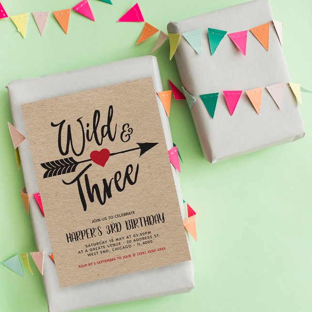 Convites Aniversário do Terceiro Ano Selvagem e Três Modern (With a Faux Kraft background and "Wild and Three," this design captures the essence of adventure.)