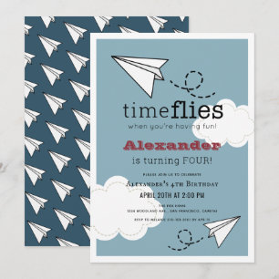 Convites Aniversário do Time Flies Paper Plane Blue Boy
