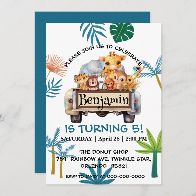 Convites Aniversário do trator da fazenda da selva do Zoo (Frente/Verso)