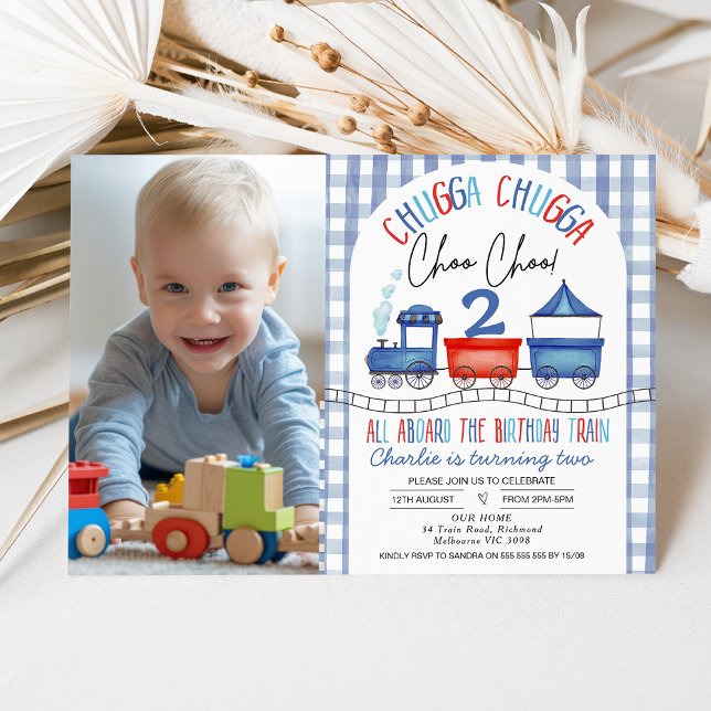 Convites Aniversário do trem de fotos com arco moderno Red  (Blue and Red Train Birthday Invitation for Boy , Chugga Chugga Train Birthday Invite, Train Themed)