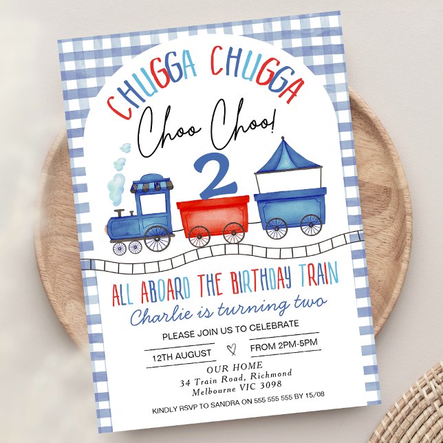 Convites Aniversário do trem Red Blue Gingham Chugga Chugga (Printable Red Blue  Train Themed Birthday Invitation for Baby Boy, Chugga Chugga Choo Chool Train)