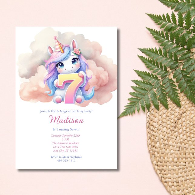 Convites Aniversário do Unicorn 7 Seven Pink Blue Purple Gi (Girls Unicorn 7th Birthday invitation. Printed or Digital Download. Watercolor Pink Blue Purple)