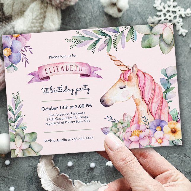Convites Aniversário do Unicórnio da Flor de Água Rosa (Pink Watercolor Flower Unicorn Girl Birthday Invitation)