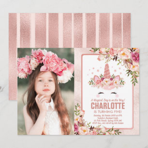 Convites Aniversário do Unicórnio Mágico/Bonito Rosa Dourad