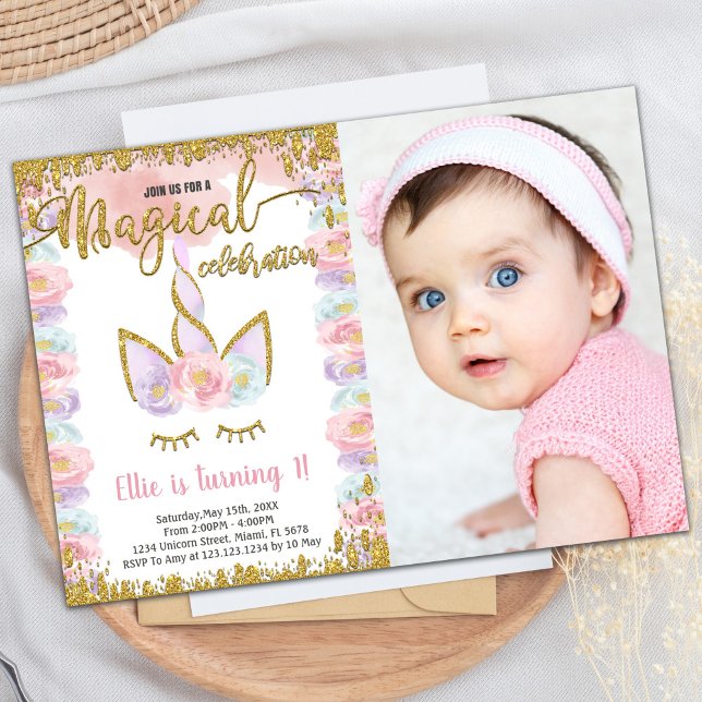 Convites Aniversário do Unicórnio Magro e Glitter com fotog (Magical Glitter Unicorn Birthday with photo Invitation)