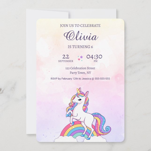 Convites Aniversário do Unicórnio Rosa e Púrpura (Frente)