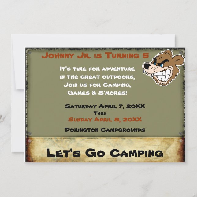 Convites Aniversário do Urso Grizzly Campout (Frente)