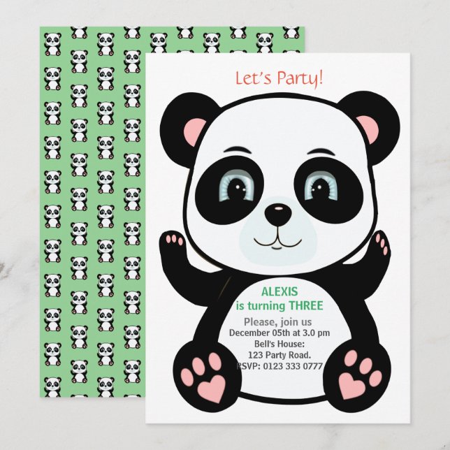 Convites Aniversário do Urso Panda Cute (Frente/Verso)