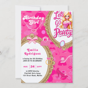 Convites Aniversário do Vamos de Bonecas Retro Rosa Girly