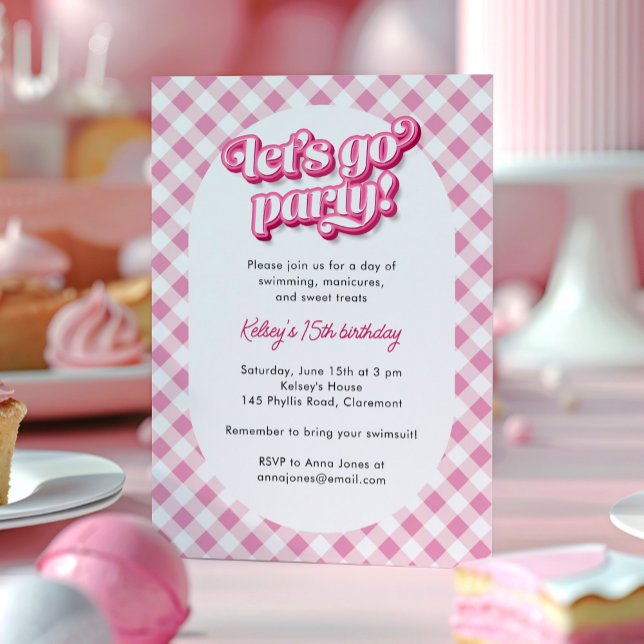 Convites Aniversário do Vamos Pink Gingham Go Party (pink gingham birthday party invitation with "let's go party" text.)