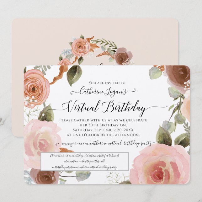 Convites Aniversário do Virtual Blush Floral Watercolor Wre (Frente/Verso)