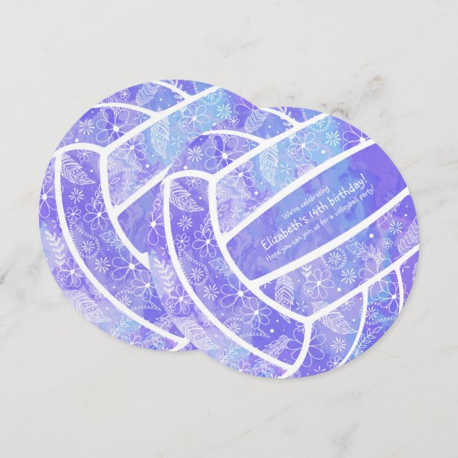 Convites Aniversário do vôlei do modelo floral roxo (Frente/Verso)