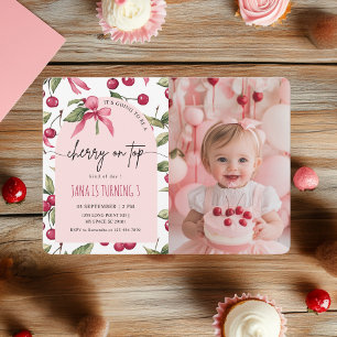 Convites Aniversário do Watercolor Cherry Red & Pink Photo