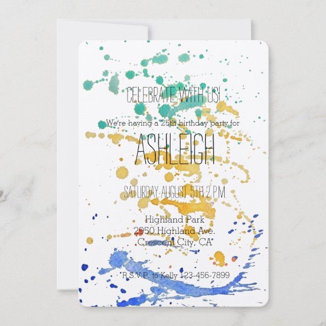 Convites Aniversário do Watercolor Paint Splatters (Frente)