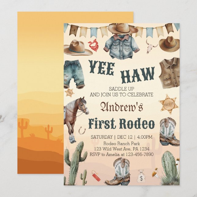 Convites Aniversário do West First Rodeo Wild West Cowboy (Frente/Verso)