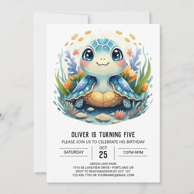Convites Aniversário do Whimsy Printable Watercolor Turtle  (Frente)