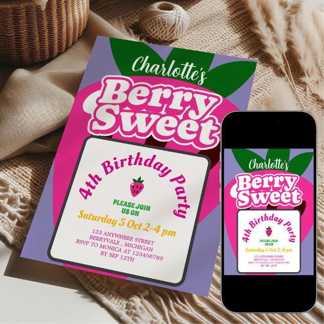 Convites Aniversário Doce de Morango Rosa e Roxo (Criador carregado)