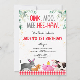 Convites Aniversário dos Animais da Fazenda Red Gingham