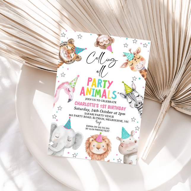 Convites Aniversário dos Animais do Partido Chamador do Saf (Colorful Safari Party Animals 1st Birthday Invitation, Calling All Party Animals Birthday Invite )