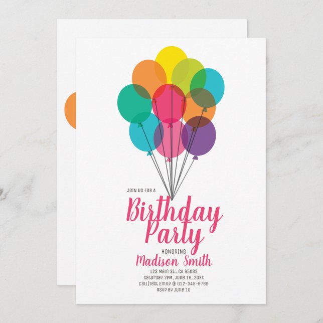 Convites Aniversário dos Balões Cons e Coloridos (Frente/Verso)