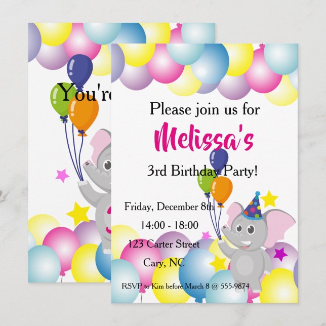 Convites Aniversário dos balões dos elefantes bebês (Frente/Verso)