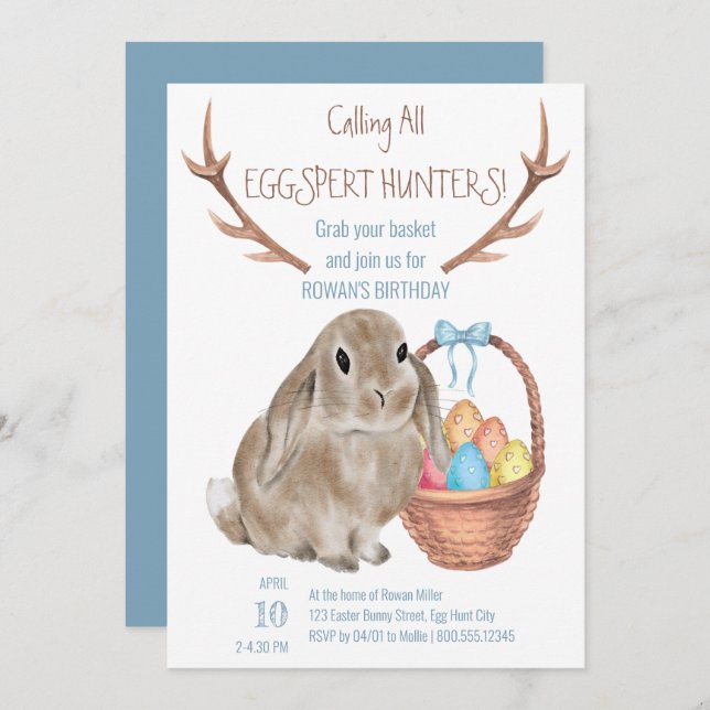 Convites Aniversário dos Caçadores de Páscoa e Ovos (Frente/Verso)