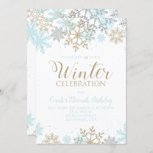 Convites Aniversário dos Flocos de Neve Dourados de Inverno