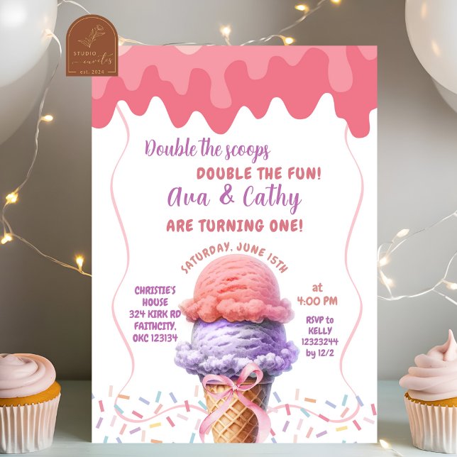 Convites Aniversário dos Gêmeos Sorvete Double the Scoop (Criador carregado)