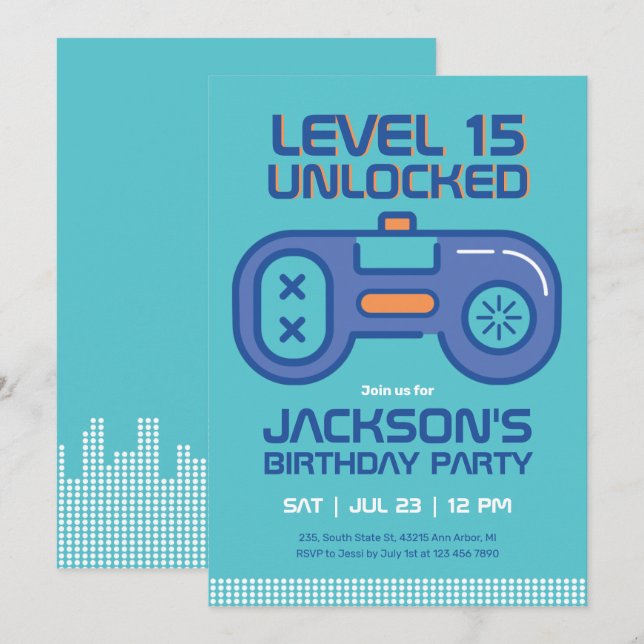 Convites Aniversário dos Videos games Azuis do Teal do Garo (Frente/Verso)