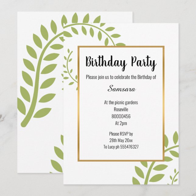 CONVITES ANIVERSÁRIO DOURADO BRANCO DE FERN BOTÂNICO VERDE  (Frente/Verso)