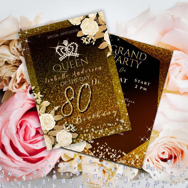 Convites Aniversário Dourado da Coroa 80 Glittering (Elegant crown birthday Invitation card for your mom or grandmother for her special 80th birthday.)