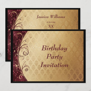 Convites Aniversário Dourado Damask & Faíscas Burgundy
