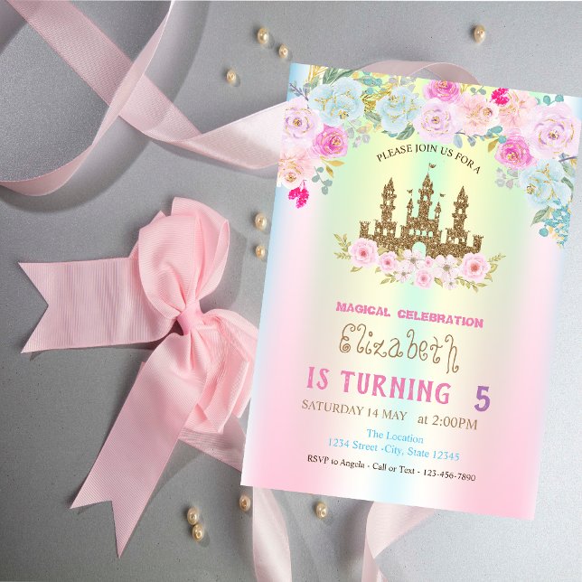 Convites Aniversário Dourado do Castelo de Glitter FIoral I (Criador carregado)