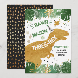 Convites Aniversário Dourado do Dinossauro Três Rex T-Rex