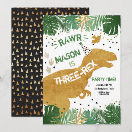 Convites Aniversário Dourado do Dinossauro Três Rex T-Rex R