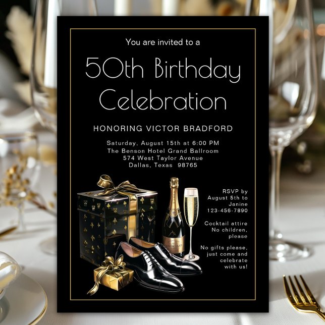 Convites Aniversário Dourado do Escalão de Alto Nível (Celebrate in style! Classy sophisticated black and gold any number birthday and event invitation. )