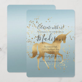 Convites Aniversário Dourado do Unicorn Aqua Ombre