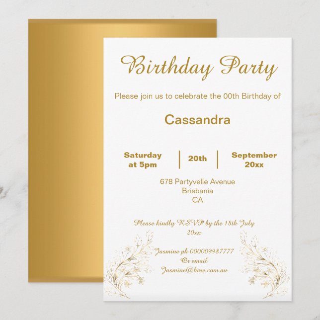 CONVITES ANIVERSÁRIO DOURADO E BRANCO DO ELEGANTE (Frente/Verso)